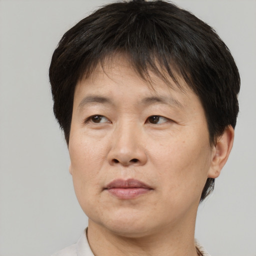 Neutral asian adult male with short  brown hair and brown eyes