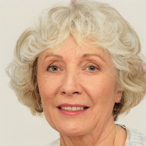 Joyful white middle-aged female with medium  blond hair and blue eyes