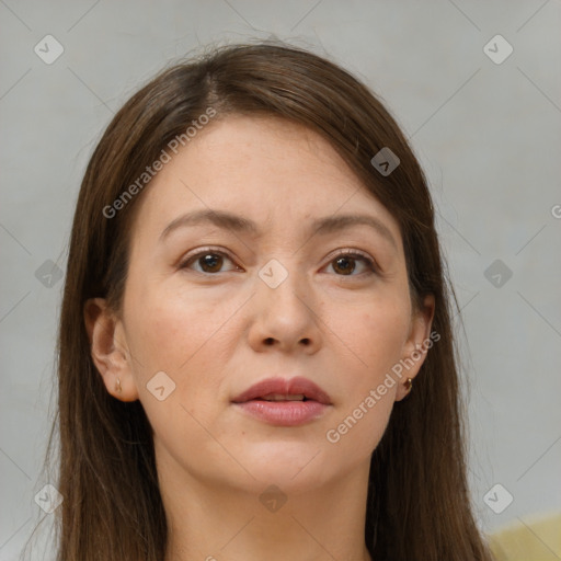 Neutral white young-adult female with long  brown hair and brown eyes