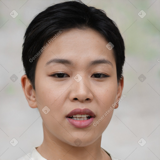 Joyful white young-adult female with short  black hair and brown eyes