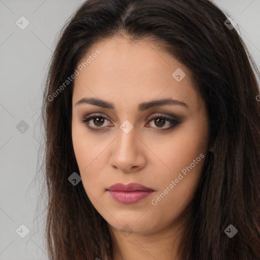 Neutral white young-adult female with long  brown hair and brown eyes