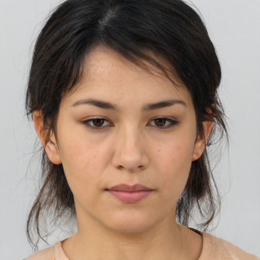 Neutral asian young-adult female with medium  brown hair and brown eyes