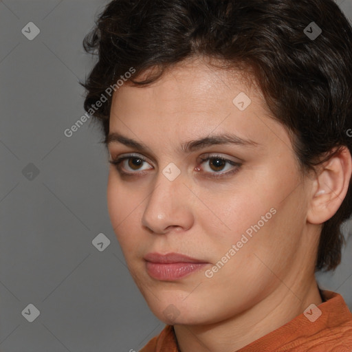 Neutral white young-adult female with medium  brown hair and brown eyes