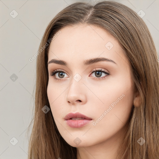 Neutral white young-adult female with long  brown hair and brown eyes