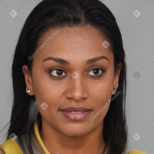 Joyful black young-adult female with medium  brown hair and brown eyes