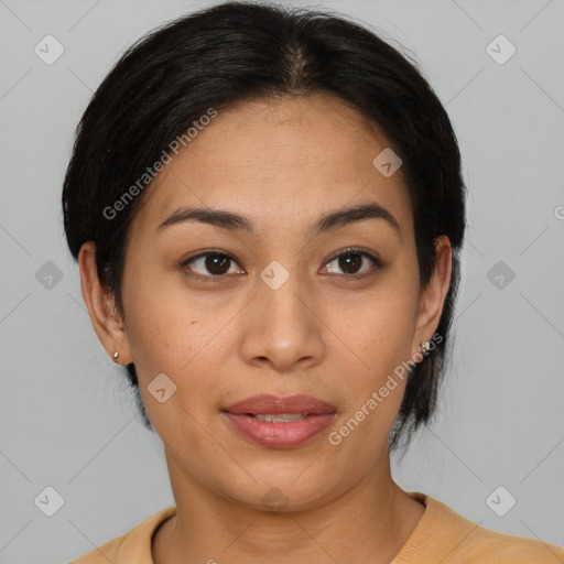 Joyful asian young-adult female with medium  brown hair and brown eyes