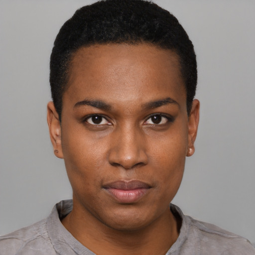 Neutral black young-adult female with short  black hair and brown eyes
