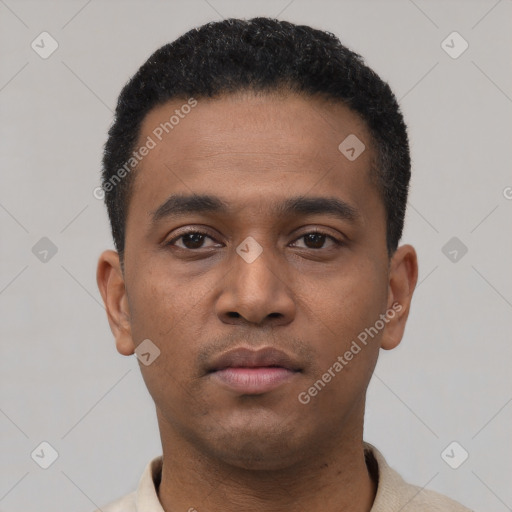 Neutral latino young-adult male with short  black hair and brown eyes