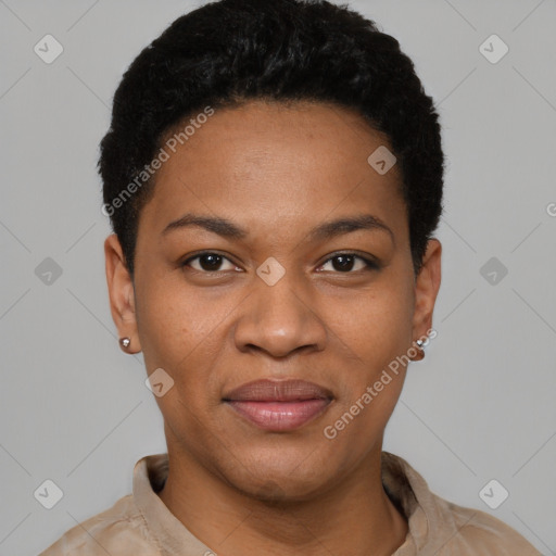 Joyful black young-adult female with short  black hair and brown eyes