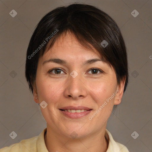 Joyful white adult female with short  brown hair and brown eyes