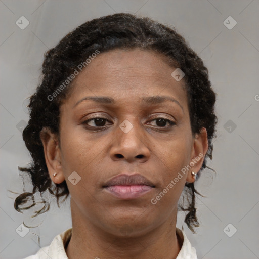 Joyful black adult female with short  brown hair and brown eyes