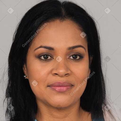 Joyful latino young-adult female with long  brown hair and brown eyes