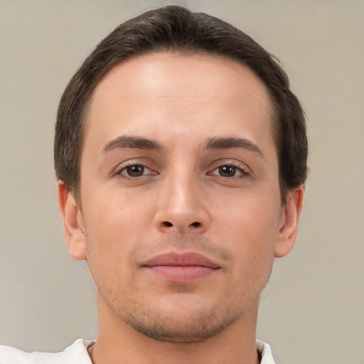 Neutral white young-adult male with short  brown hair and brown eyes