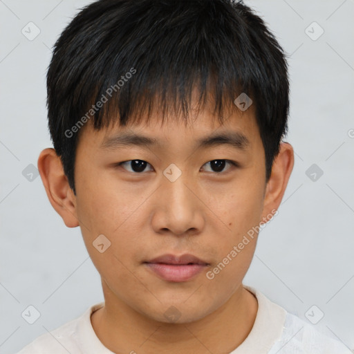Neutral asian young-adult male with short  brown hair and brown eyes