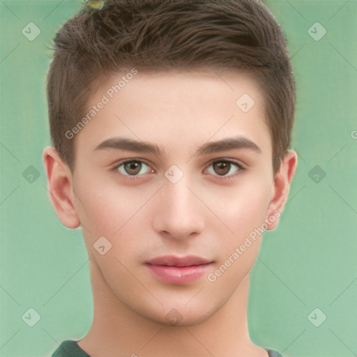 Neutral white young-adult male with short  brown hair and brown eyes