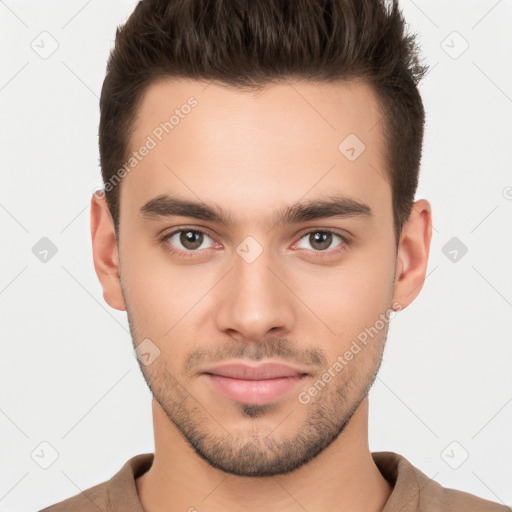 Neutral white young-adult male with short  brown hair and brown eyes