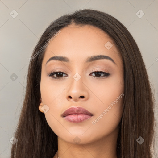 Neutral asian young-adult female with long  brown hair and brown eyes