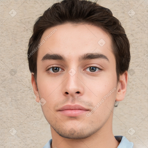 Neutral white young-adult male with short  brown hair and brown eyes