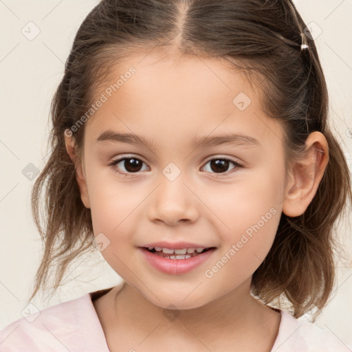 Joyful white child female with medium  brown hair and brown eyes