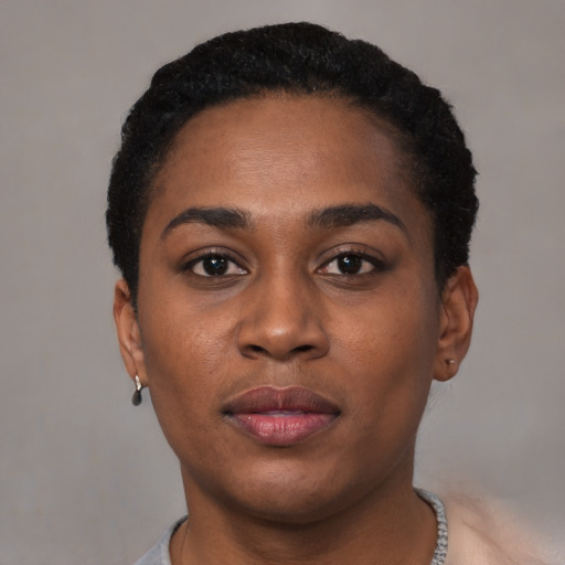 Joyful black young-adult female with short  black hair and brown eyes