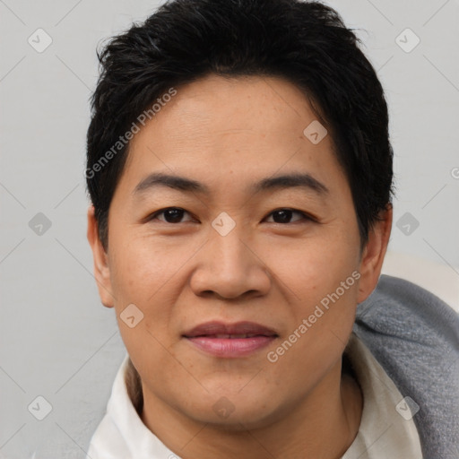 Joyful asian young-adult male with short  black hair and brown eyes