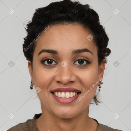 Joyful latino young-adult female with short  brown hair and brown eyes