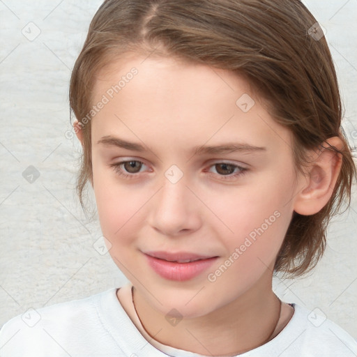 Joyful white child female with medium  brown hair and brown eyes