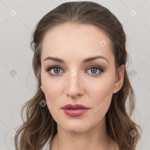 Neutral white young-adult female with medium  brown hair and grey eyes