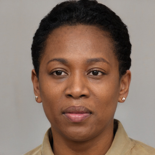 Neutral black young-adult female with short  black hair and brown eyes