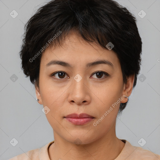 Neutral asian young-adult female with short  brown hair and brown eyes