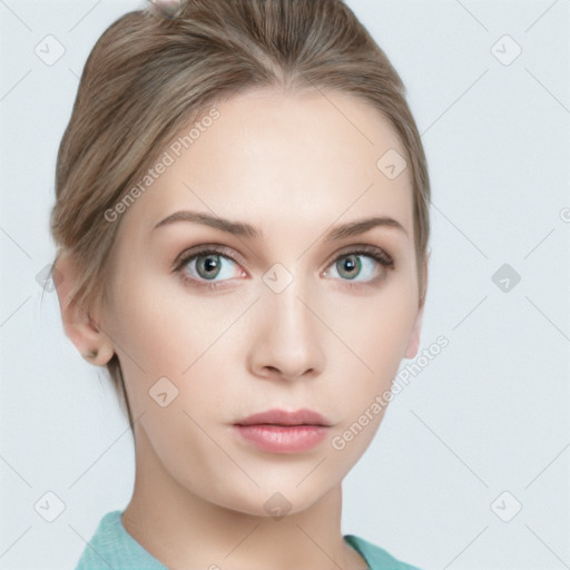 Neutral white young-adult female with medium  brown hair and grey eyes