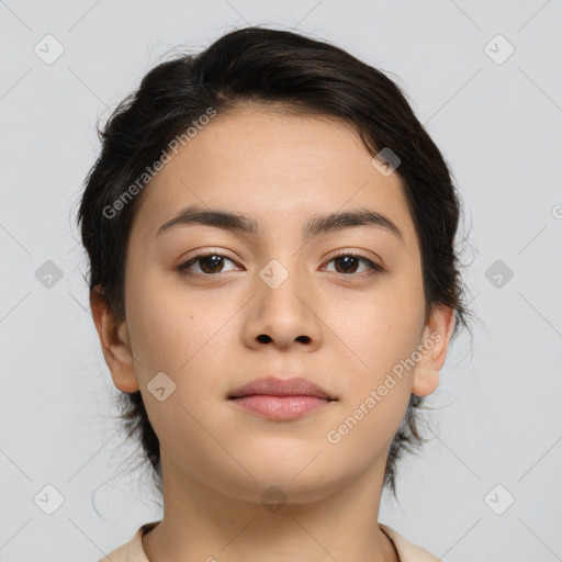 Neutral asian young-adult female with medium  brown hair and brown eyes