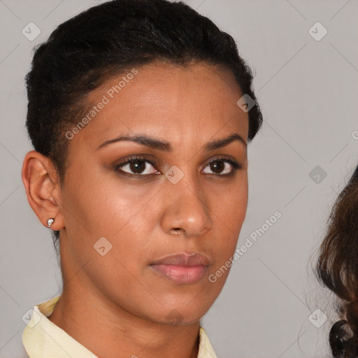 Neutral white young-adult female with short  brown hair and brown eyes