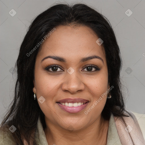 Joyful latino young-adult female with long  brown hair and brown eyes