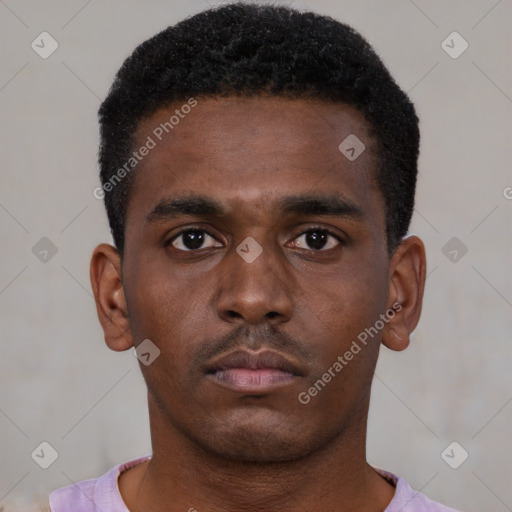 Neutral black young-adult male with short  black hair and brown eyes