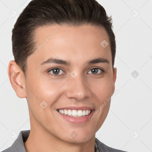 Joyful white young-adult female with short  brown hair and brown eyes