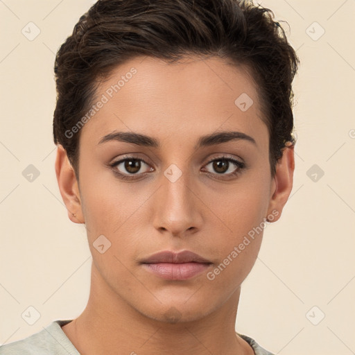 Neutral white young-adult female with short  brown hair and brown eyes