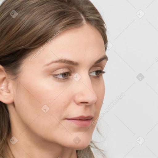 Neutral white young-adult female with long  brown hair and grey eyes