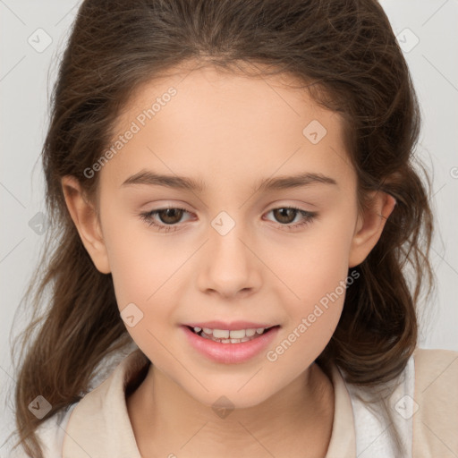 Joyful white child female with medium  brown hair and brown eyes