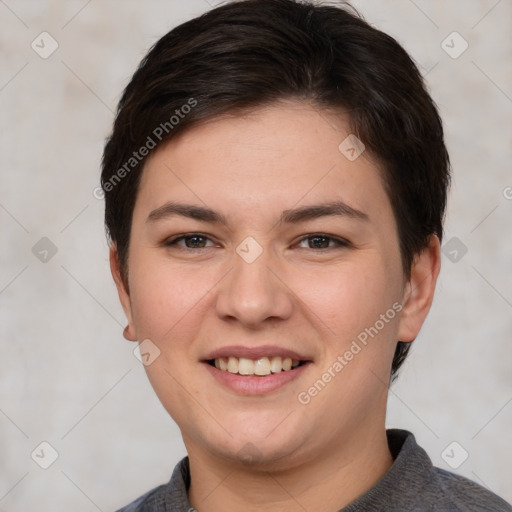 Joyful white young-adult female with short  brown hair and brown eyes