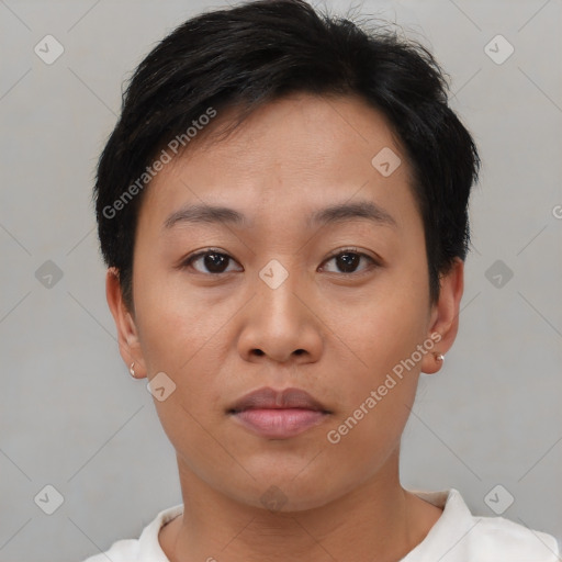 Neutral asian young-adult female with short  brown hair and brown eyes