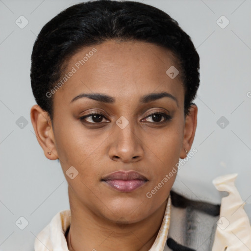 Joyful latino young-adult female with short  brown hair and brown eyes