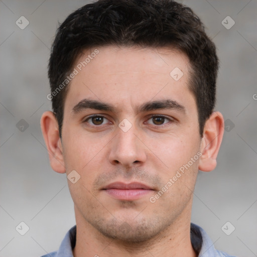 Neutral white young-adult male with short  brown hair and brown eyes