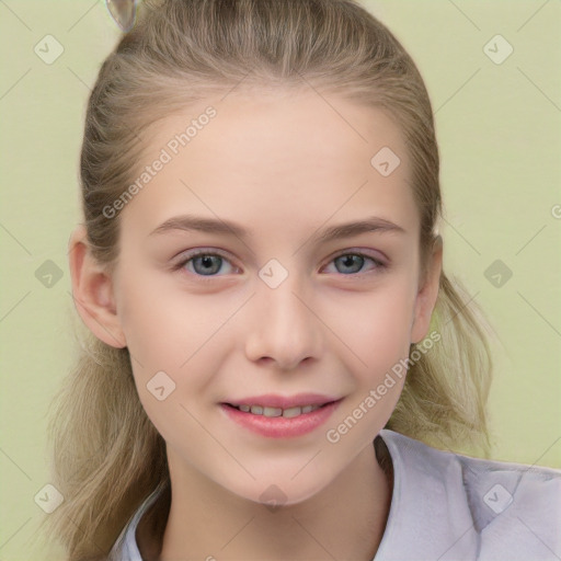 Joyful white child female with medium  brown hair and grey eyes