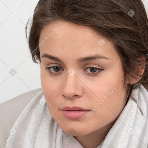 Neutral white young-adult female with medium  brown hair and brown eyes