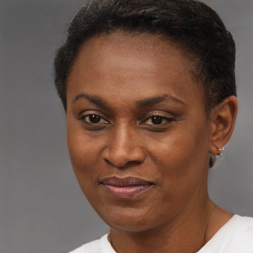 Joyful black adult female with short  brown hair and brown eyes
