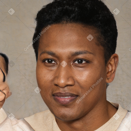 Joyful latino young-adult female with short  black hair and brown eyes