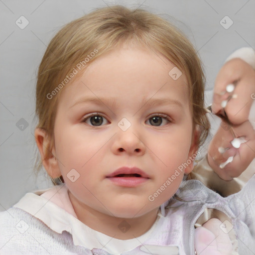 Neutral white child female with medium  brown hair and blue eyes