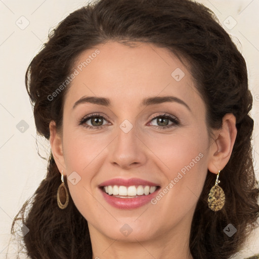 Joyful white young-adult female with long  brown hair and green eyes