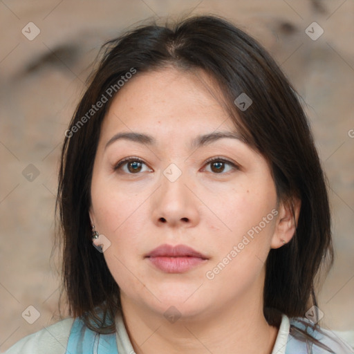 Neutral asian young-adult female with medium  brown hair and brown eyes